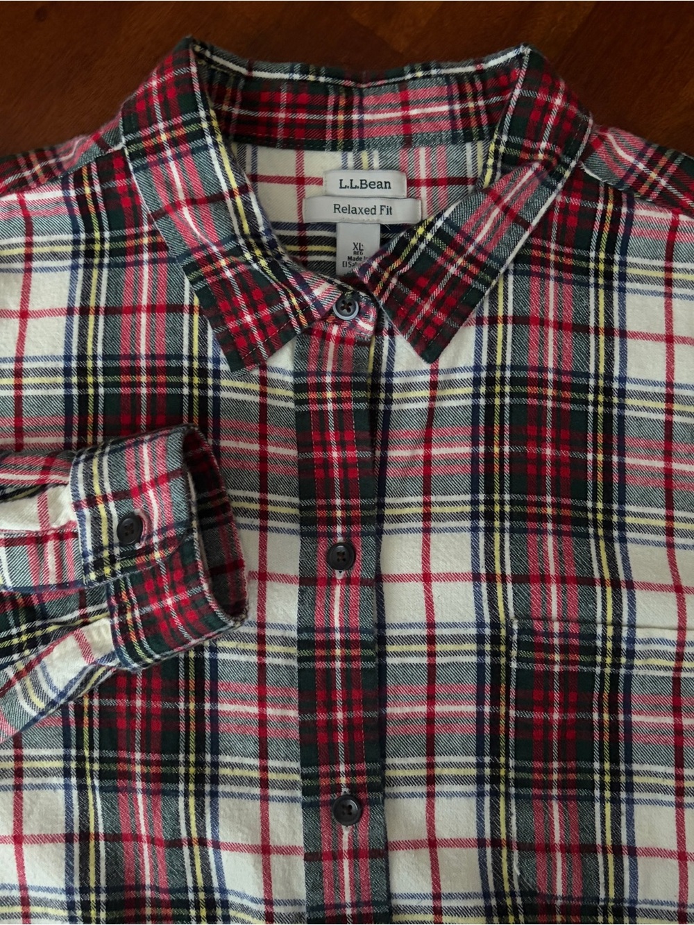 L.L.Bean Relaxed Fit Red White Plaid Long Sleeve 100% Cotton Flannel Shirt